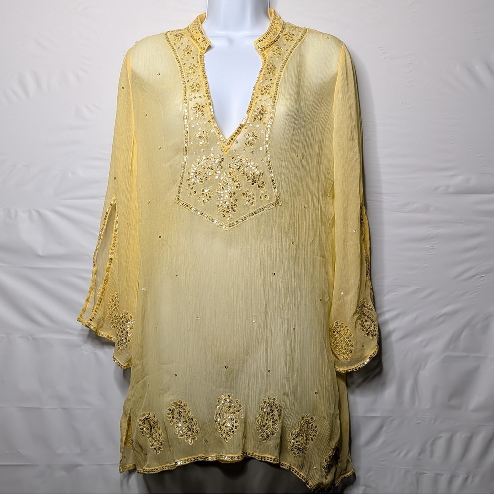BCBGMAXAZRIA Blouse Top Butter Yellow Silk Bohemian Sheer Womens Medium Fairy